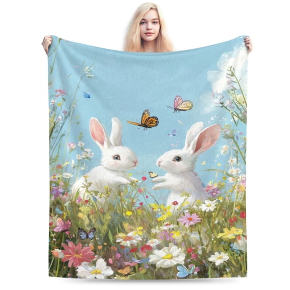 Bunny Blanket Soft Flannel Fleece Throw Floral Meadow Garden Art Decor Gift 50x40