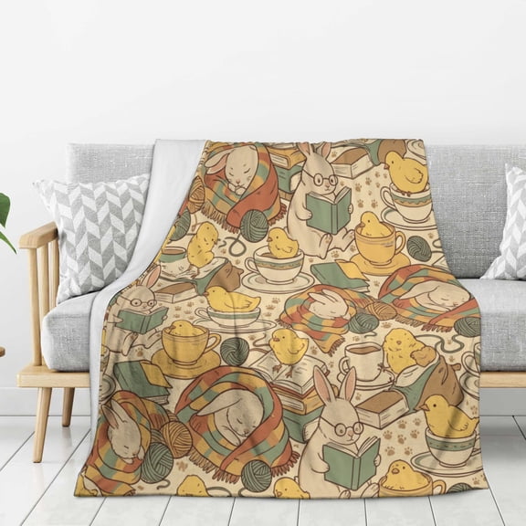 Bunny Blanket, Watercolor Floral BunnyCouch Throw, Soft Flannel Spring Decor, Easter Gift for Women, Decorative Bedding 50x40