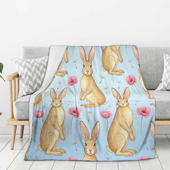 Bunny Blanket, Watercolor Floral BunnyThrow, Cozy Flannel Couch Decor, Soft Bedding Gift for Easter, Spring Home Accent 50x40