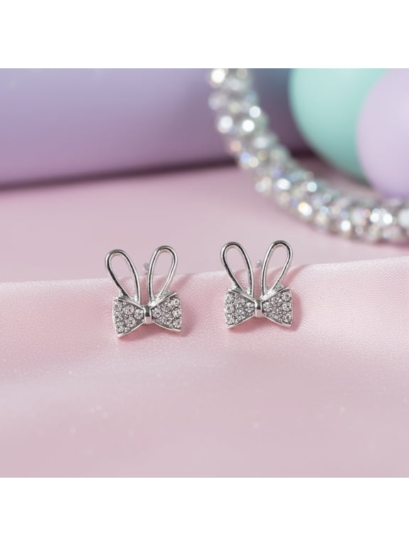 Bunny Bow Earrings for Women, Silver-Tone Crystal Easter Stud Earrings