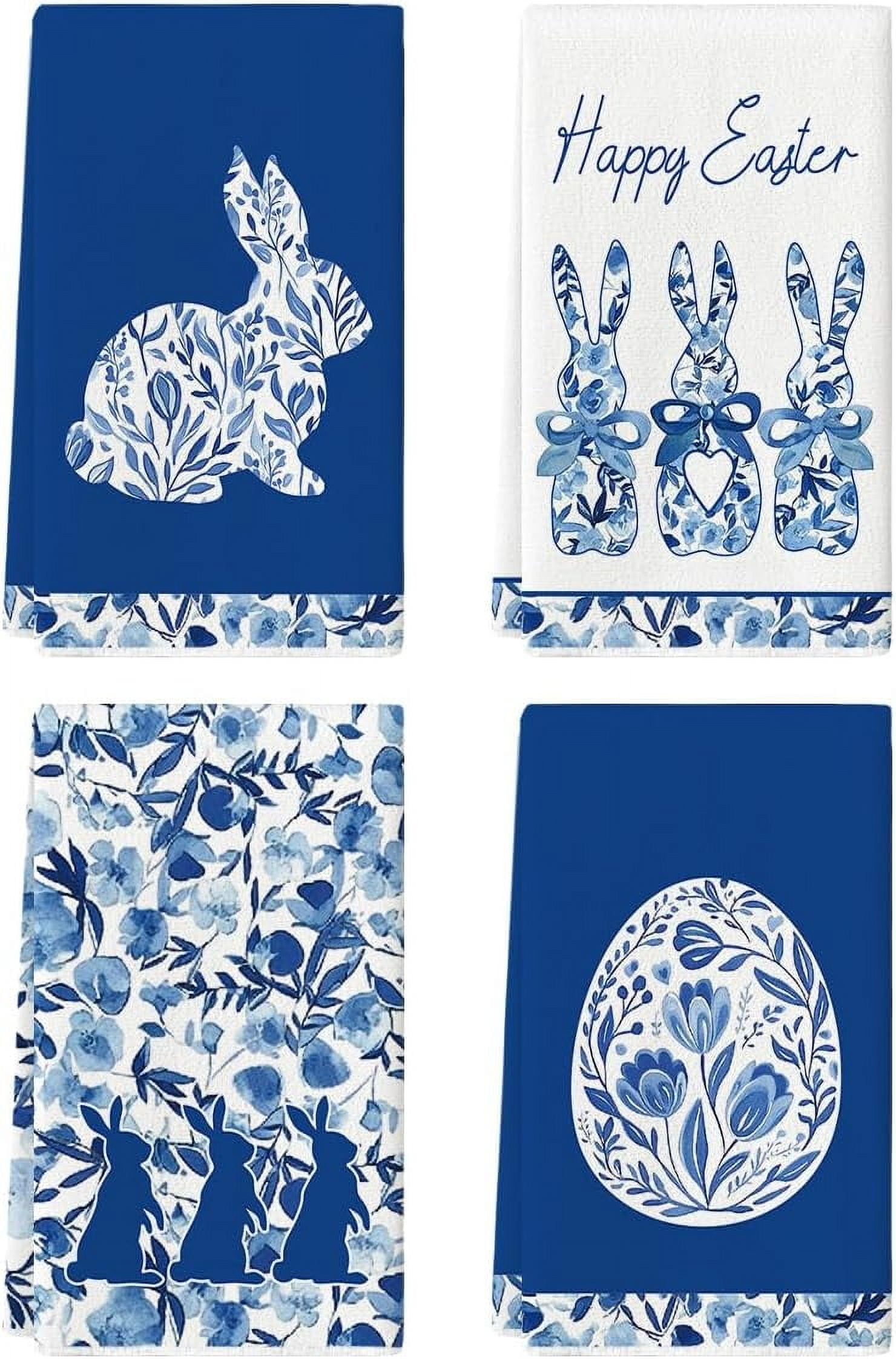 Blue Rabbits Bunny Bow Easter Kitchen Towels Dish Towels, 18x26 Inch Celadon Spring Farmhouse Holiday Decoration Hand Towels Set of 4