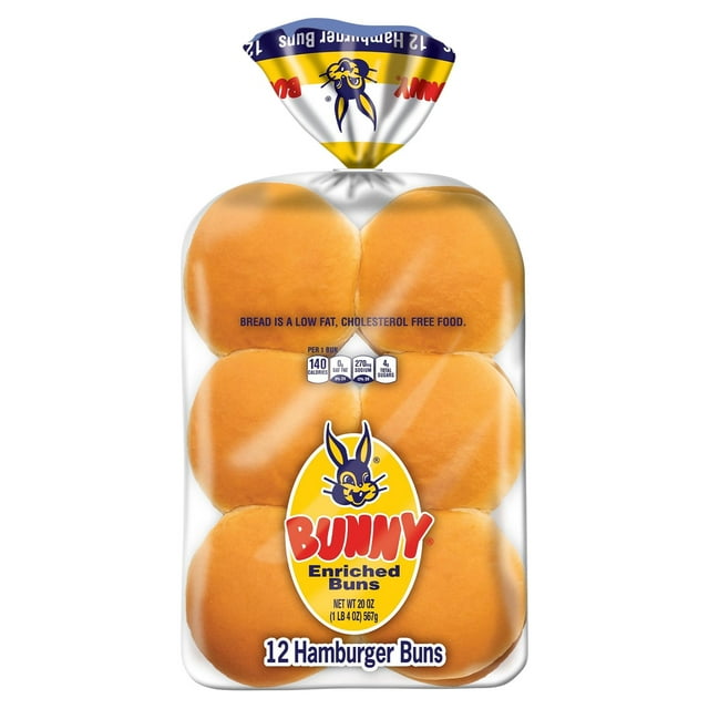 Bunny Bread Hamburger Buns, Enriched Sliced White Bread Hamburger Buns