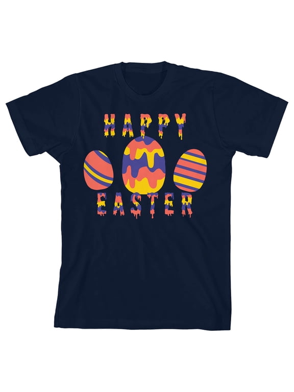 Bunny Bros Happy Easter Egg Painting Crew Neck Short Sleeve Navy Boy's T-shirt-Large