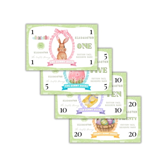 Bunny Bucks Easter Money Certificates 25pk 2.5x4 $1, $5, $10, $20 Redeemable Golden Egg Stuffer Fake Cash Mixed Hunt Scavenger Neighborhood