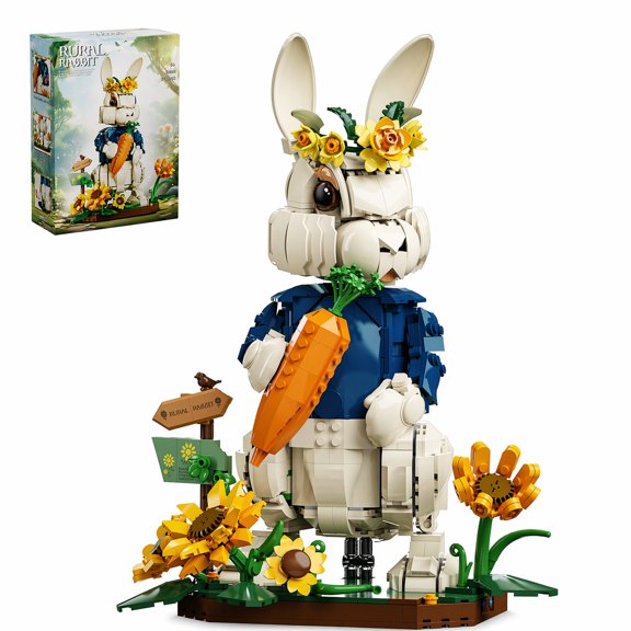 Bunny Building Blocks Set, Rabbit Building Blocks with Sunflower Base and Carrot, White and Blue Plastic Building Block Flowers Display, Brick Building Set for Home Office Desk Decor, 1258PCS