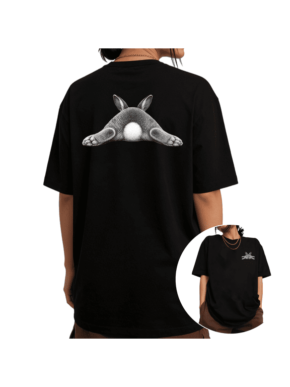 Bunny Butt Back Print Rabbit Graphic Tees Womans Tshirt Shirts Black White S-5XL Tops