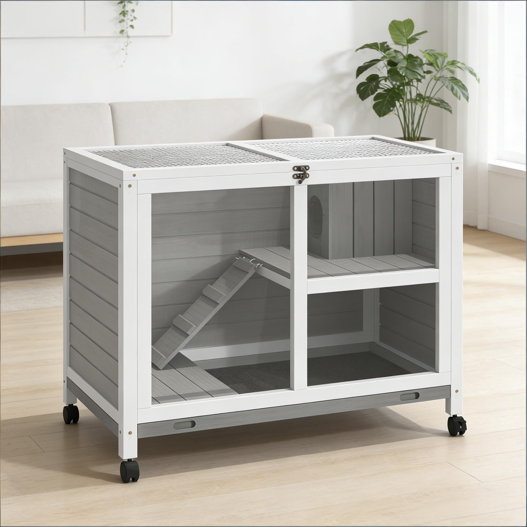 Bunny Cage with Wheels, Small Rabbit Hutch Spacious Pet House