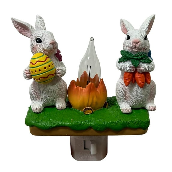 Bunny Campfire Flickering Nightlight, Rabbit Night Light Plug into Wall Easter Night Light with Switch Bunny Decor Easter Home Decorations(Gnome)