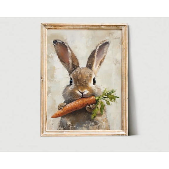 Bunny & Carrot Canvas Poster Spring Flower Easter Rabbit Print Wall Art Painting For Rustic Easter Country Farmhouse Living Room Home Decor Unframed