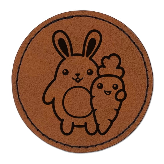Bunny Carrot Friends Easter 2.5" Faux Leather Round Engraved Iron-On Patch - Brown