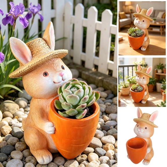 Bunny Carrot Resin Flower Pot Desk Organizer Planter Decor,Cute Animal Shape Storage Container Ornament,Succulent Plant Holder Makeup Pen Storage,Durable Waterproof Home Decoration Gift