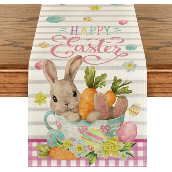 Bunny Carrots Cup Pink Buffalo Plaid Easter Table Runner, Holiday Spring Kitchen Dining Table Decoration for Home Party Decor 13x72 Inch