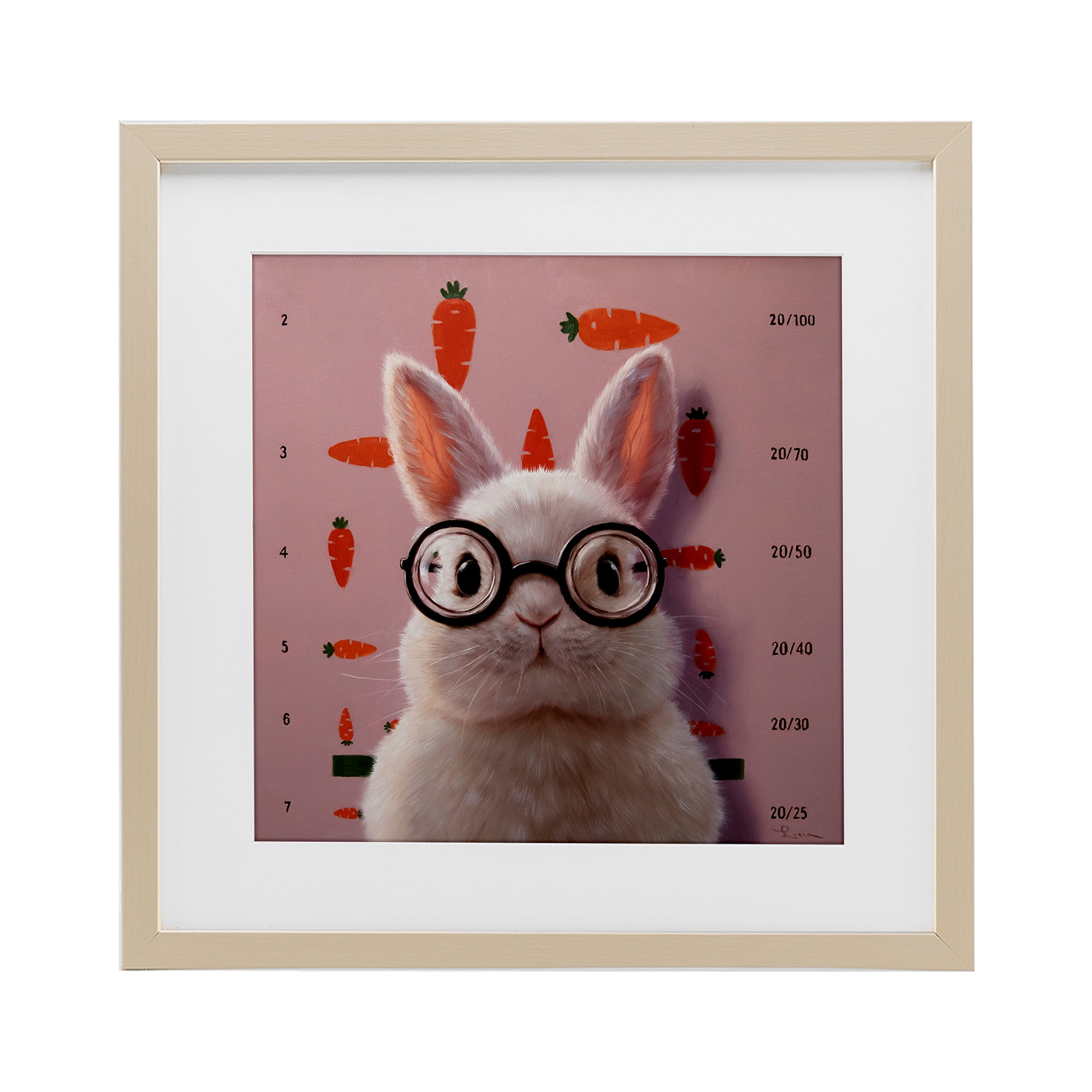 Bunny & Carrots Eye Exam Birch Framed Print Under Glass, design by Lucia Heffernan