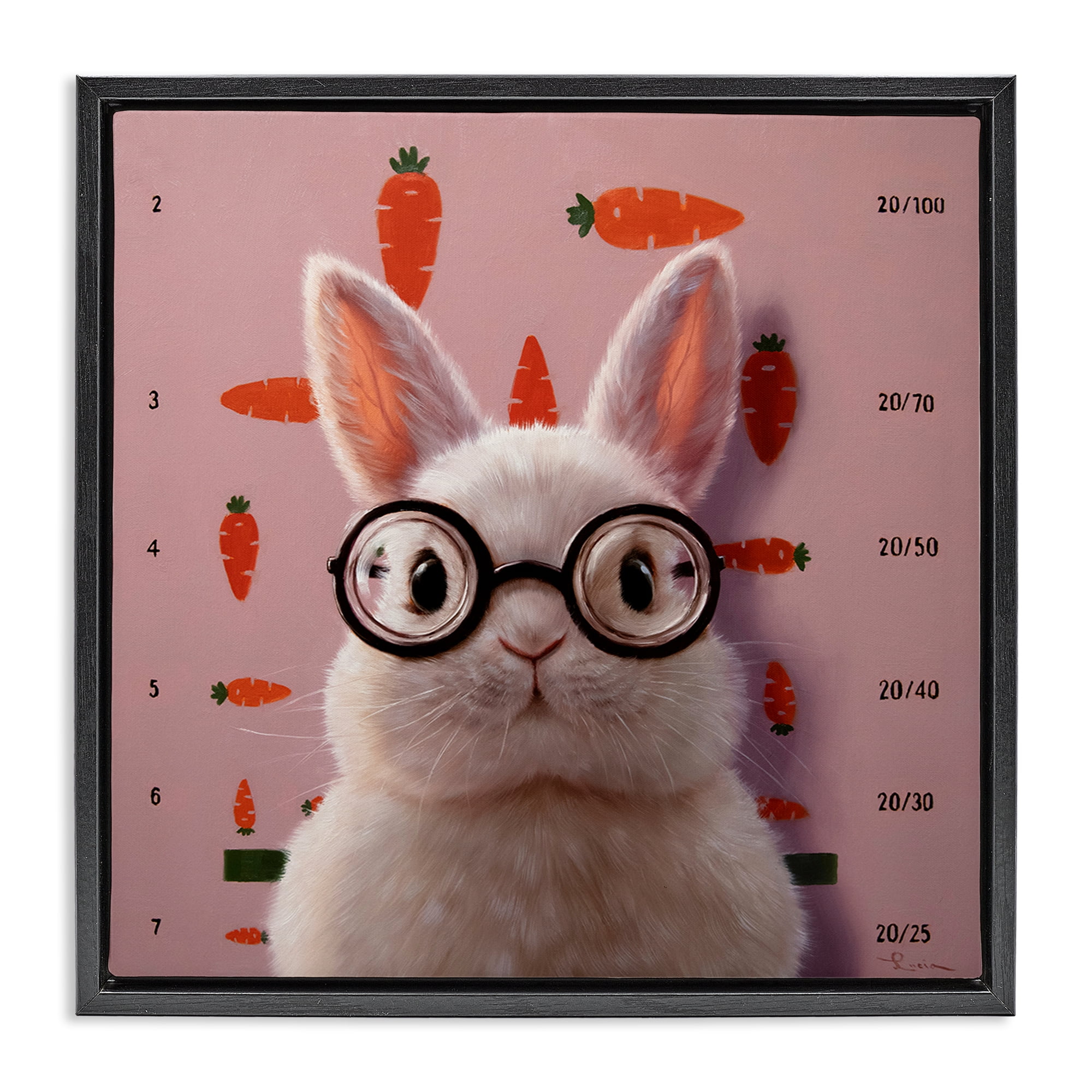 Bunny & Carrots Eye Exam Black Framed Floater Canvas Wall Art, design by Lucia Heffernan