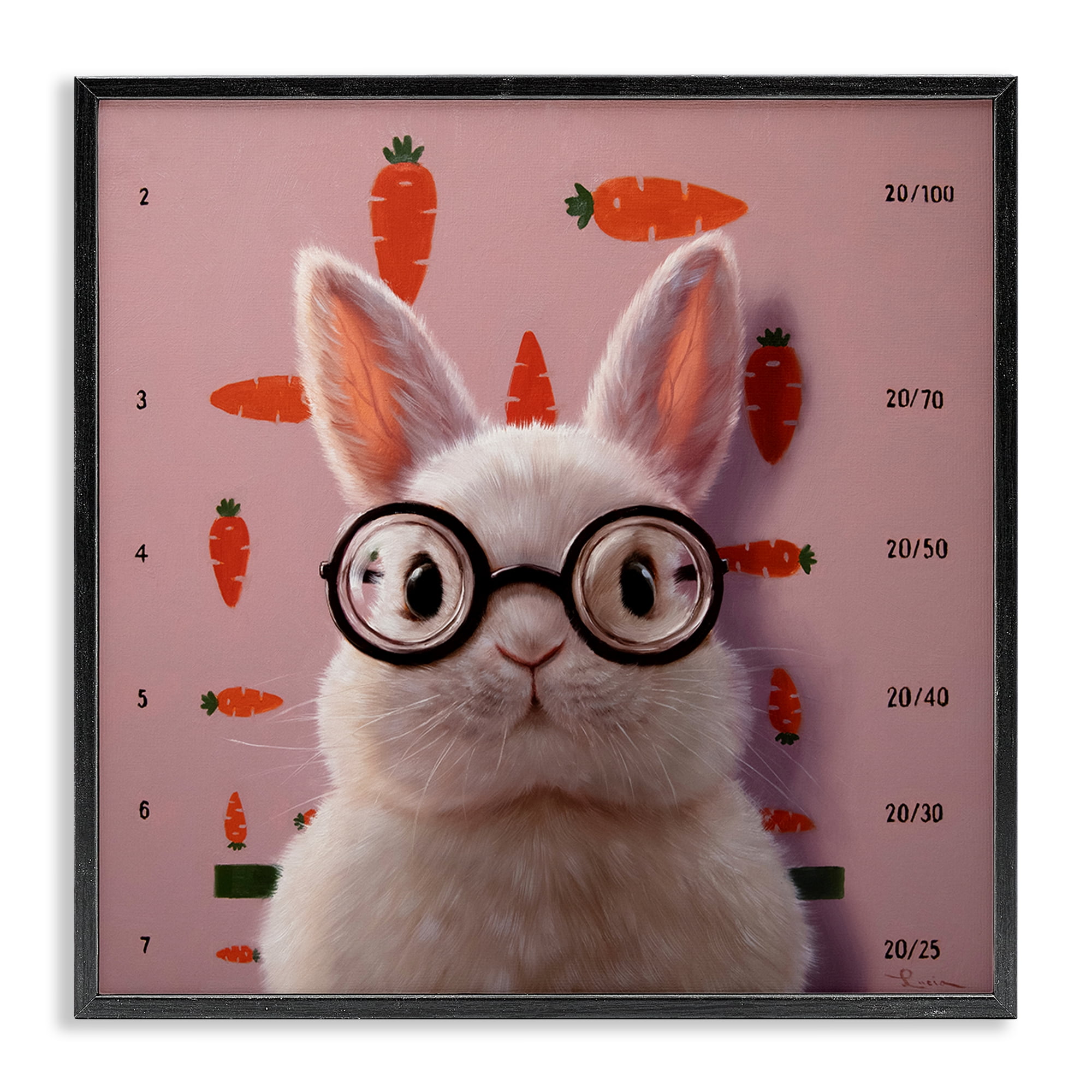 Bunny & Carrots Eye Exam Black Framed Giclee Art, design by Lucia Heffernan