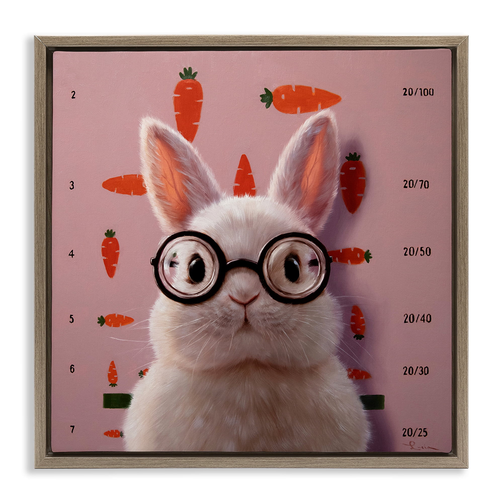 Bunny & Carrots Eye Exam Brown Framed Floater Canvas Wall Art, design by Lucia Heffernan