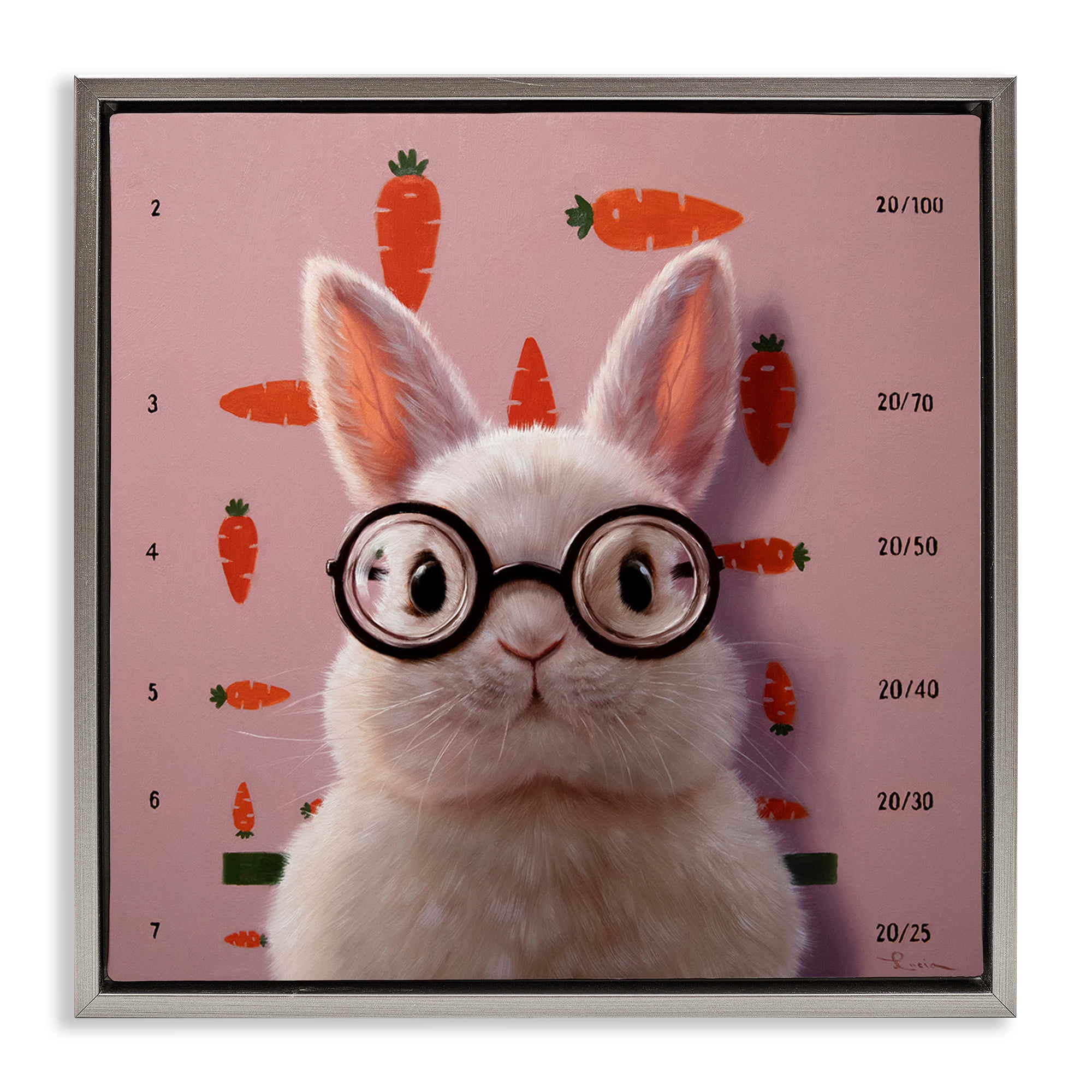 Bunny & Carrots Eye Exam Gray Framed Floater Canvas Wall Art, design by Lucia Heffernan
