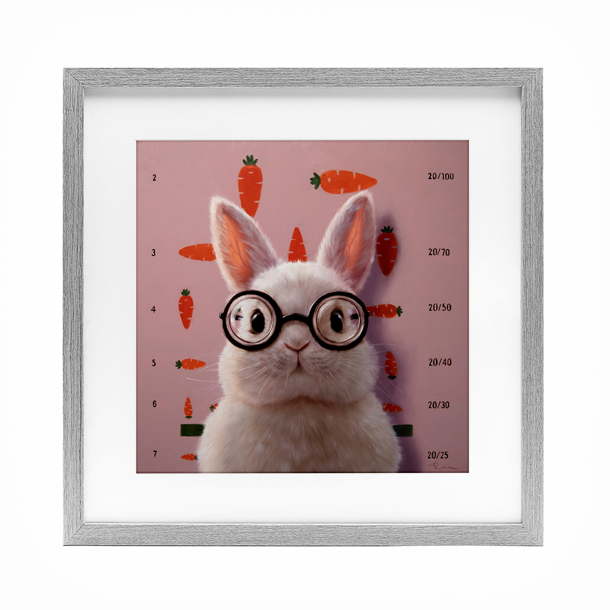 Bunny & Carrots Eye Exam Gray Framed Print Under Glass, design by Lucia Heffernan
