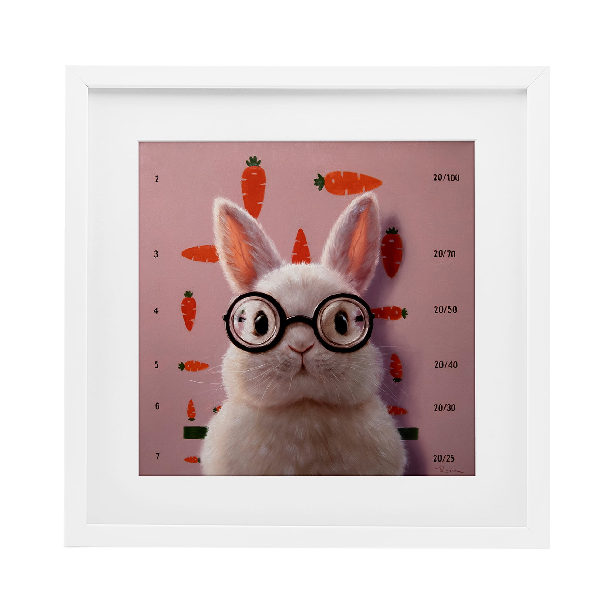 Bunny & Carrots Eye Exam White Framed Print Under Glass, design by Lucia Heffernan