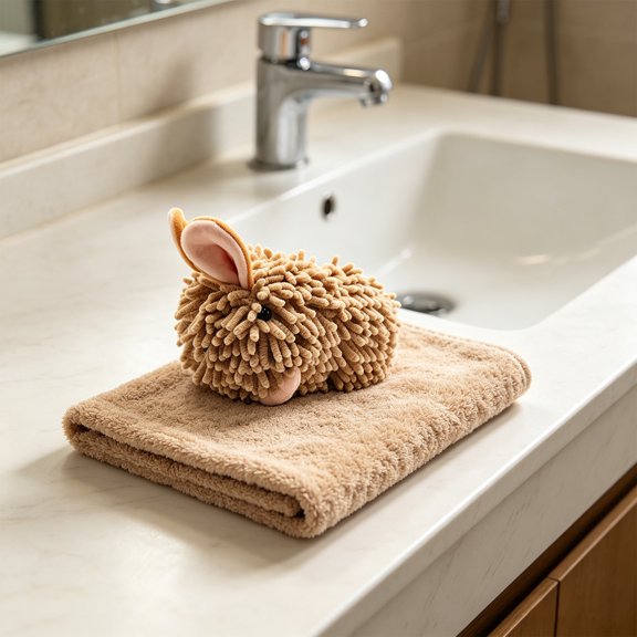 Bunny Chenille Hanging Towel,Ultra Soft Absorbent Fast-Drying Fuzzy Hand Towel,Machine Washable,Cute Fuzzy for Bathroom,Kitchen,Home Decor