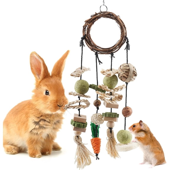 Bunny Chew Toy, Rabbits Cage Hanging Chew Toys and Treats Grapevine Wreaths Rattan Ring with Snacks for Guinea Pigs Chinchillas Hamsters Rats and Other Small Pets Teeth Grinding
