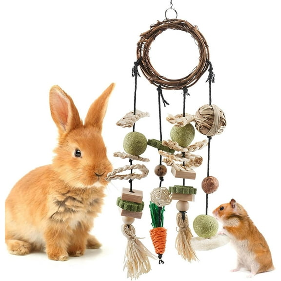 Bunny Chew Toy, Natural Wood Grass Teeth Grinding Hanging Toys for Rabbit, Chinchilla, Guinea Pigs, Hamster