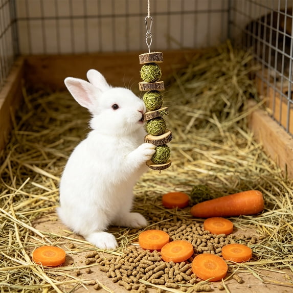Bunny Chew Toys, Rabbit Chew Toys for Teeth Grinding, Improve Dental Health, 100% Natural Apple Wood Timothy Grass Cake Treats for Rabbits Guinea Pigs