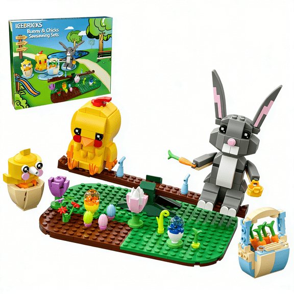 Bunny & Chicks Seesaw Building Set, 380PCS Easter Eggs Flowers Basket Toy, Easter Basket Stuffers Gifts for Kids Boys Girls Age 6+