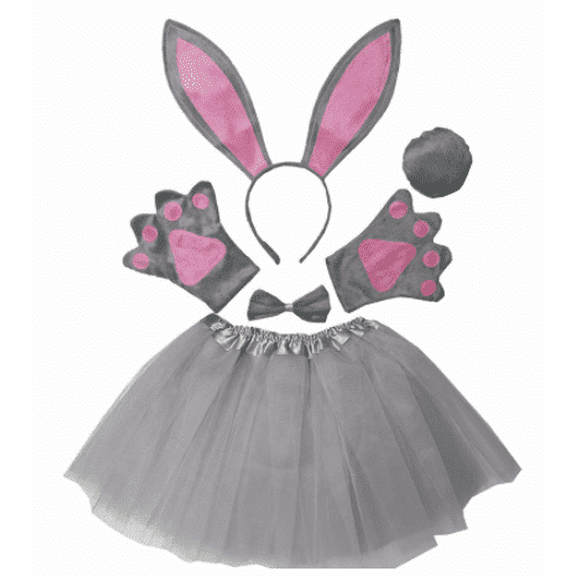 Bunny Costume Rabbit Dress Up Animal Ears Headband Tail Tutu Paws 5 Piece Easter Decorations And Holiday Gifts(Gray）