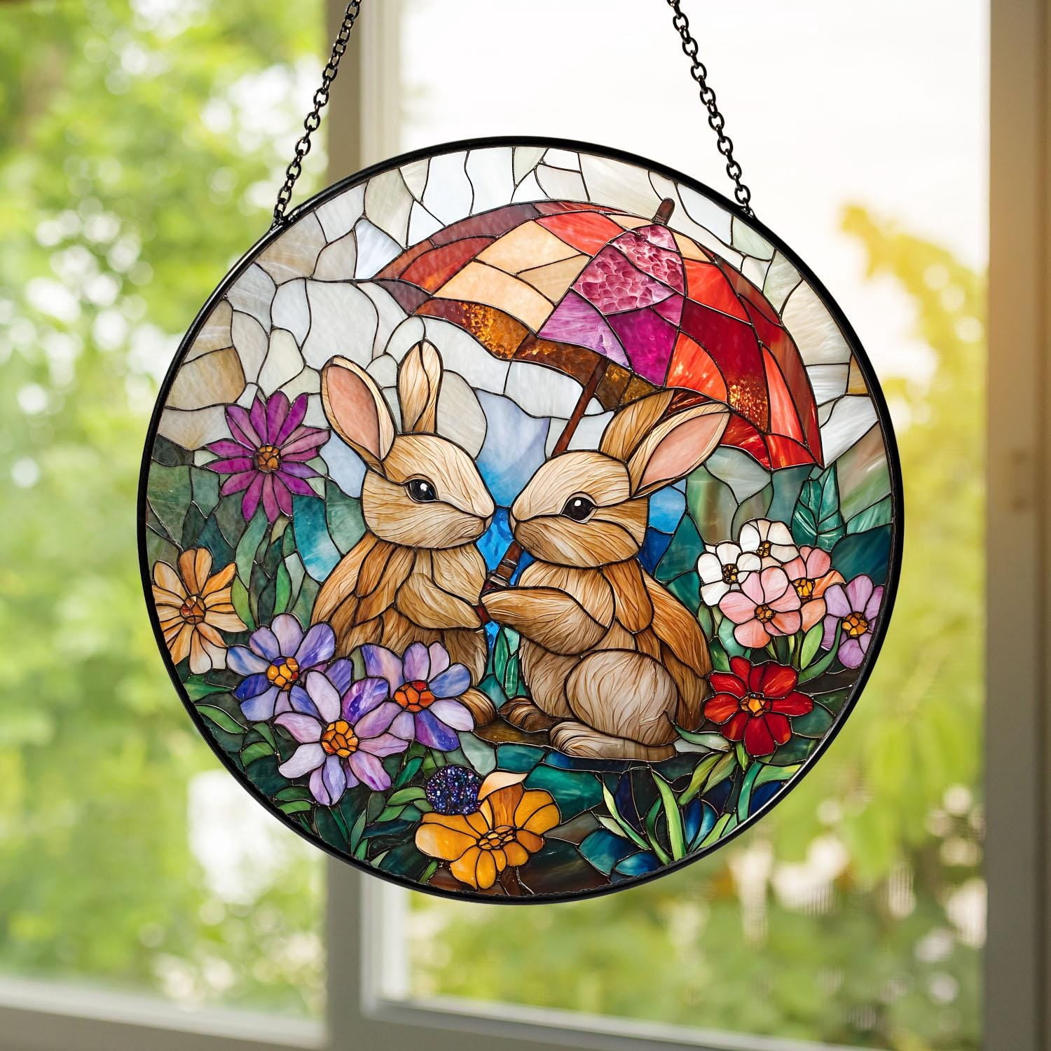 Bunny Couple Stained Glass Suncatcher – Romantic Rabbits Under Umbrella ...