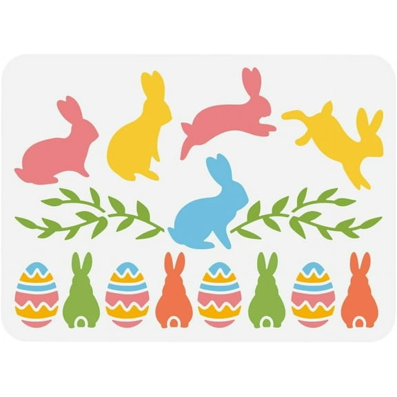 Bunny Crossing Painting Stencil 8.3x11.7inch Reusable Cute Rabbit Hop Easter Eggs Vine Drawing Template Pet Rabbit Border Decor Stencil for Painting on Wood Wall Fabric Furniture White