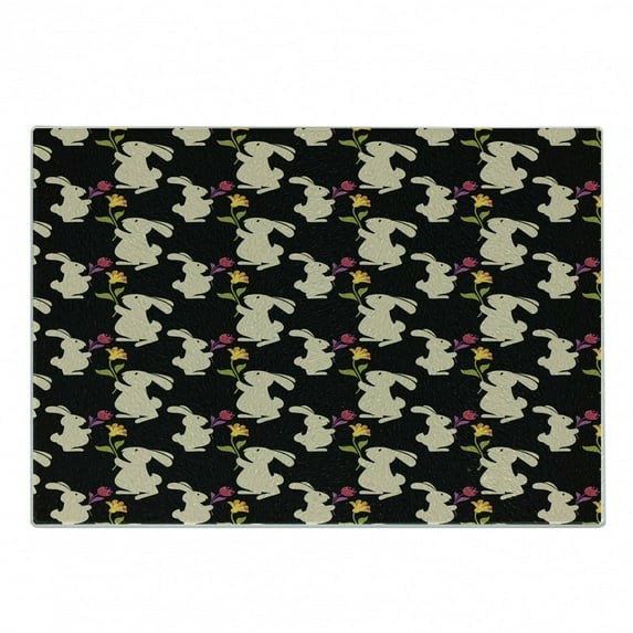 Bunny Cutting Board, Eastern Concept Pattern with Beige Silhouette Rabbits Holding Flowers, Decorative Tempered Glass Cutting and Serving Board, in 3 Sizes, by Ambesonne