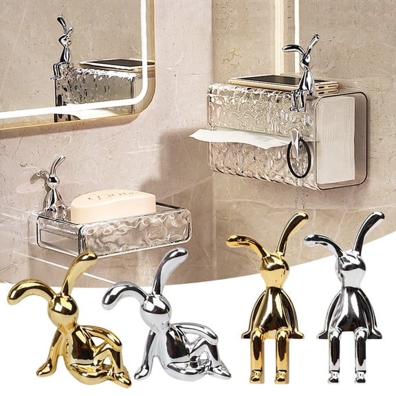 Bunny Decor, Modern Shelf Decor, Home DecorationsforLiving Room, 10inHeight, Chrome Finish, Seated Long Ear Figure, Coffee Table Accent, 1 Pc