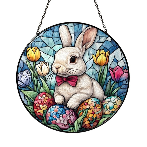 Bunny and Decorative Egg Stained Glass Style Window Suncatcher Hanging Decor, Spring Inspired Acrylic Panel Ornament for Seasonal Window Art and Floral Theme Home Decoration