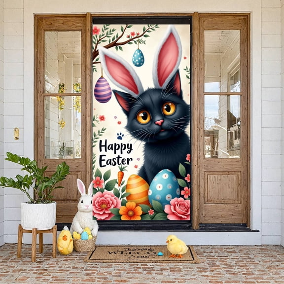 Bunny Design Easter Banner Colorful Eggs Happy Easter Display Floral Cross Spring Flowers Easter Party Backdrop for Easter Party Church Event Spring Celebration