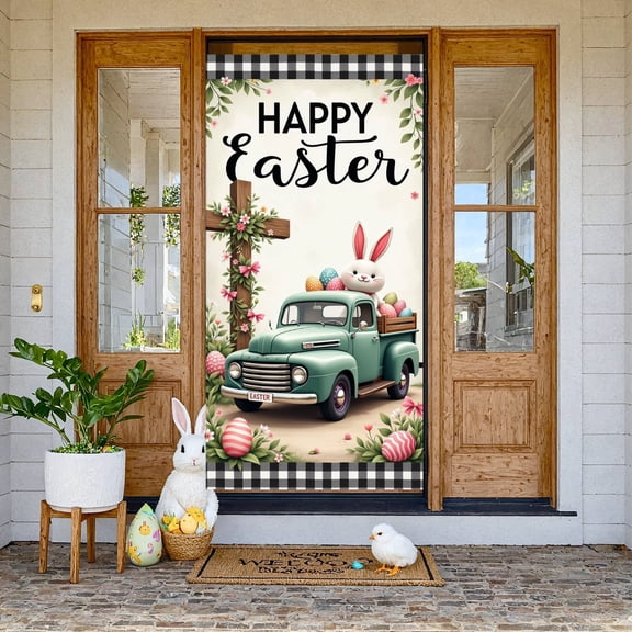Bunny Design Easter Banner Colorful Eggs Happy Easter Display Floral Cross Spring Flowers Easter Party Backdrop for Easter Party Church Event Spring Celebration