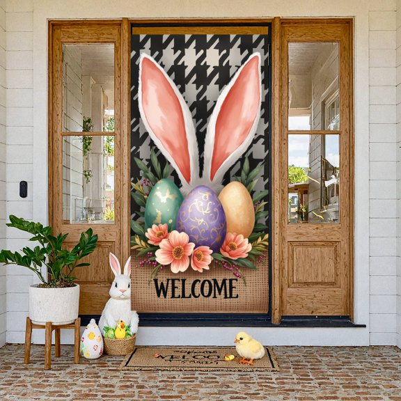 Bunny Design Easter Banner Colorful Eggs Happy Easter Display Floral Cross Spring Flowers Easter Party Backdrop for Easter Party Church Event Spring Celebration