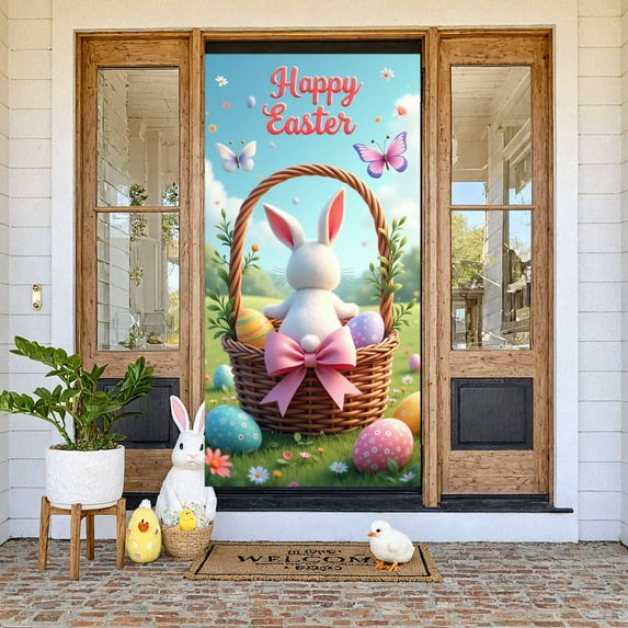Bunny Design Easter Banner Colorful Eggs Happy Easter Display Floral Cross Spring Flowers Easter Party Backdrop for Easter Party Church Event Spring Celebration