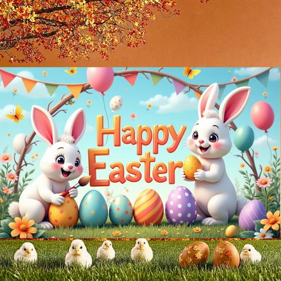 Bunny Design Easter Banner Colorful Eggs Happy Easter Display Pastel Balloons Butterfly Accents Bunny Backdrop for Easter Party Spring Celebration Family Gathering