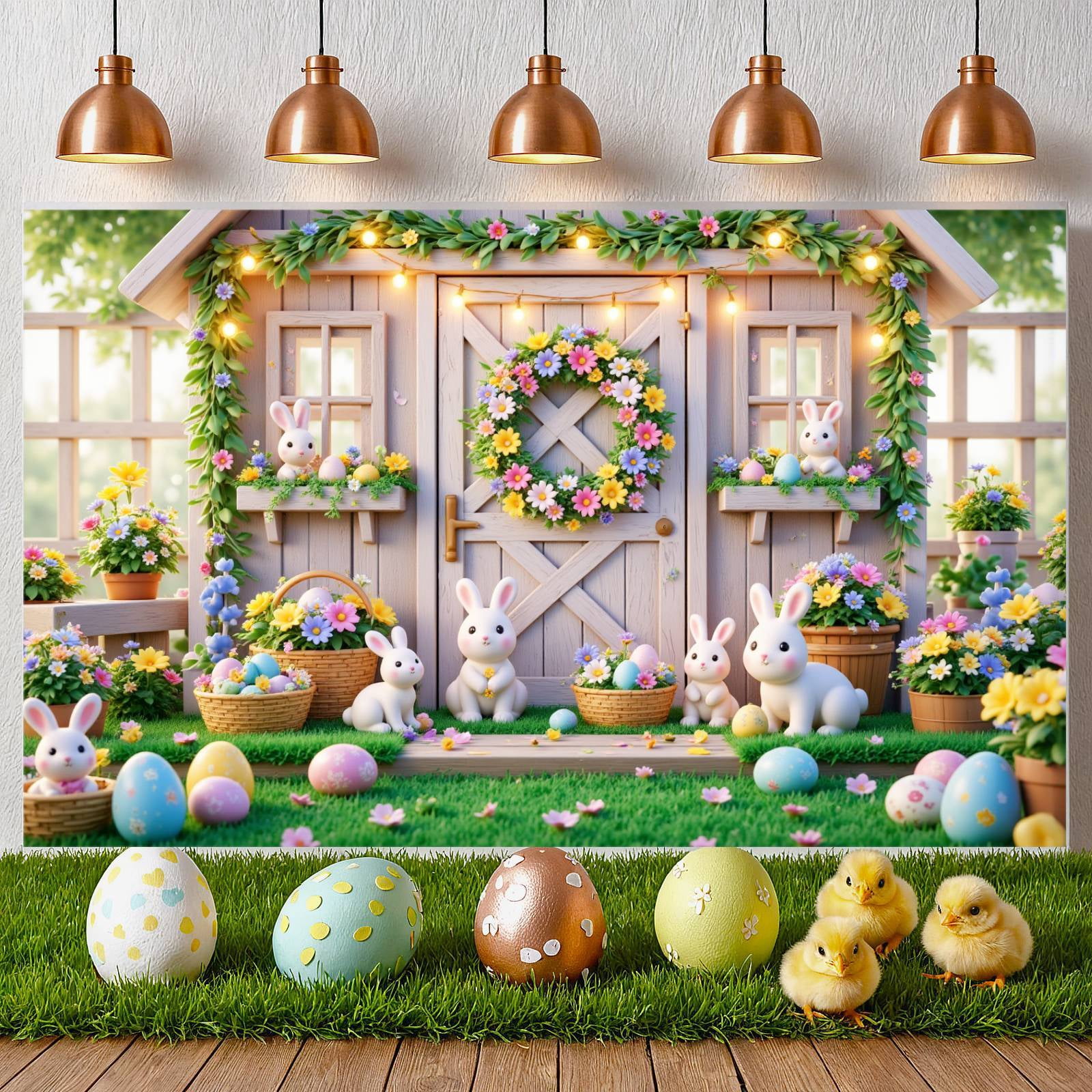 Bunny Design Easter Banner Colorful Eggs Spring Display Floral Pattern ...