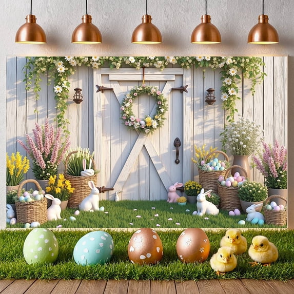 Bunny Design Easter Banner Colorful Eggs Spring Display Floral Pattern Flower Wreath Bunny Backdrop for Easter Celebration Spring Party Garden Decoration