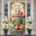 thumbnail image 1 of Bunny Design Easter Banner Easter Egg Decor Bunny Display Floral Pattern Tea Cup Motif Easter Backdrop for Easter Party Spring Celebration Home Decoration, 1 of 9