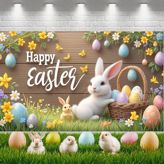 Bunny Design Easter Banner Easter Eggs Decor Happy Easter Display Floral Accents Spring Themed Easter Backdrop for Easter Party Family Gathering Photo Shoot