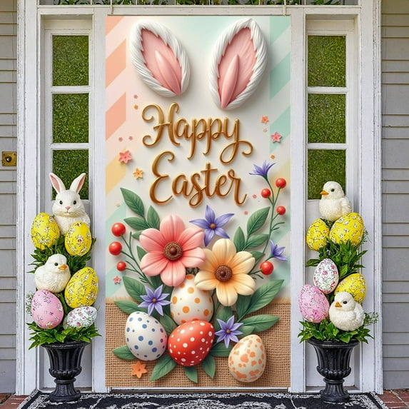 Bunny Design Easter Welcome Banner Colorful Eggs Bunny Backdrop Cute Chick Spring Flowers Easter Display for Easter Party Spring Gathering Photo Booth