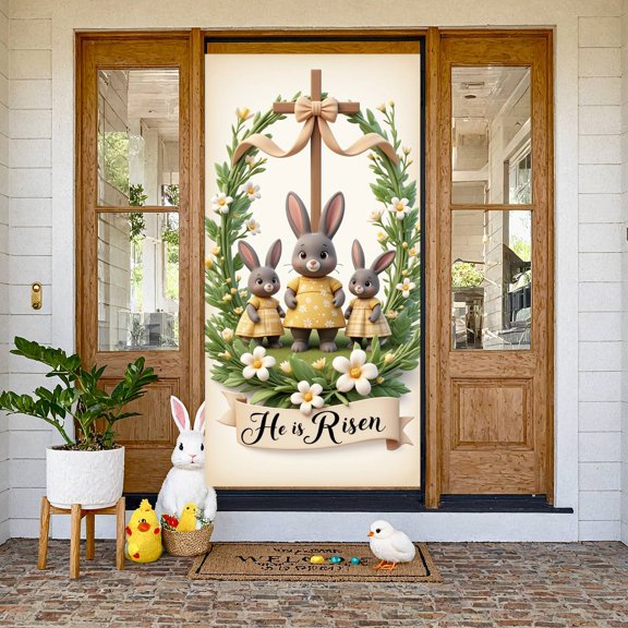 Bunny Design Easter Welcome Banner Colorful Eggs Bunny Backdrop Cute Chick Spring Flowers Easter Display for Easter Party Spring Gathering Photo Booth