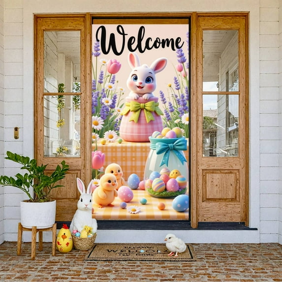 Bunny Design Easter Welcome Banner Colorful Eggs Bunny Backdrop Cute Chick Spring Flowers Easter Display for Easter Party Spring Gathering Photo Booth