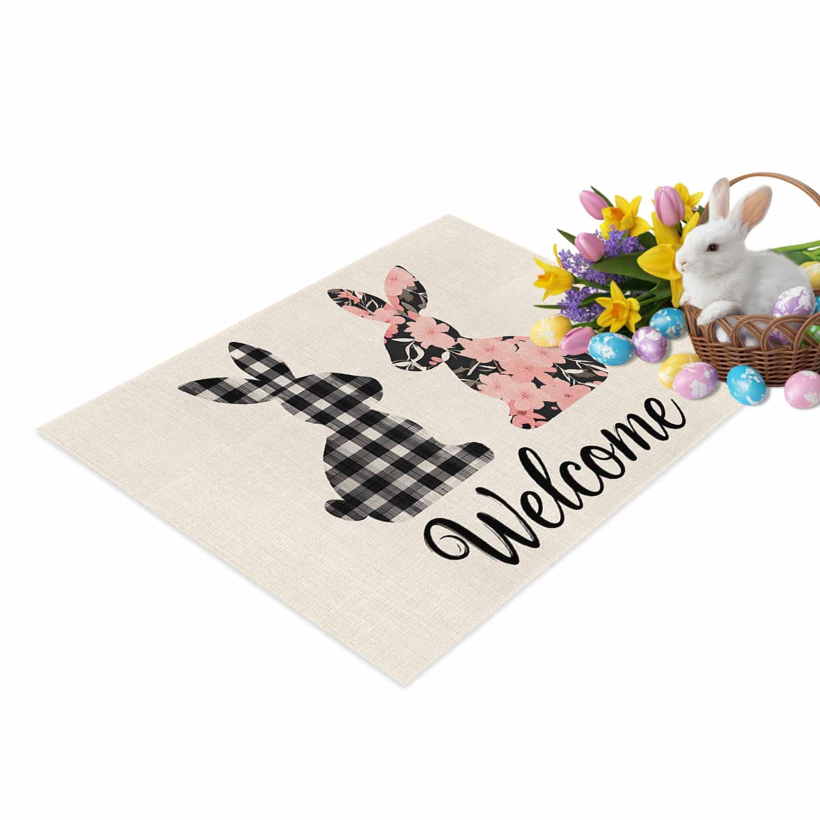 Bunny Door Mat Flower Plaid Rabbit Non Slip Absorbent Entrance Mat ...
