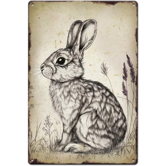 Bunny Drawing Tin Sign Cute Rabbit Metal Tin Sign Rabbit in the Grass Sign Animal Metal Signs Vintage Metal Wall Art for Man Cave s Room Garages Bar Sign Home