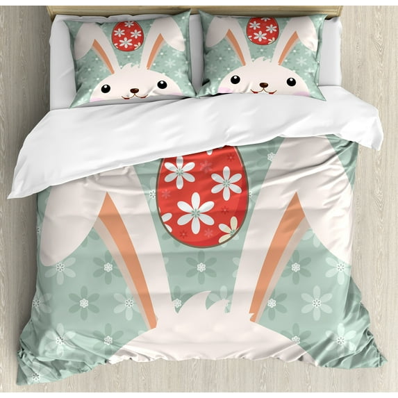 Bunny Duvet Cover Set, Eastern Inspired Cartoon Illustration of a Funny Rabbit and Floral Egg, Decorative 3 Piece Bedding Set with 2 Pillow Shams, Queen Size, Almond Green Champagne, by Ambesonne