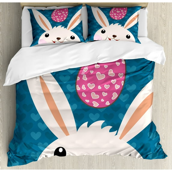 Bunny Duvet Cover Set, Eastern Rabbit with a Love Themed Egg on Repetitive Hearts Pattern, Decorative 3 Piece Bedding Set with 2 Pillow Shams, King Size, Petrol Blue Pink and Blush, by Ambesonne
